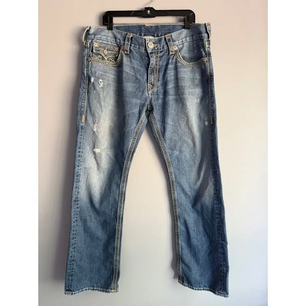 VTG True Religion Ricky Straight Jeans 38 Medium Wash Distressed Y2K Made in USA